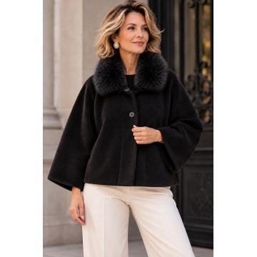 RG1777N Jachetă scurtă (L–2XL) din amestec de lână cu guler din blană pufoasă – Made in Italy