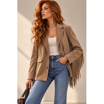 RG202293A–Sacou damă cu franjuri Western Chic – efect piele întoarsă, Taupe