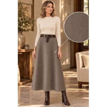 RG250057T Fustă Taupe Midi Evazată Chevron cu Curea Împletită – Made in Italy - Img 3
