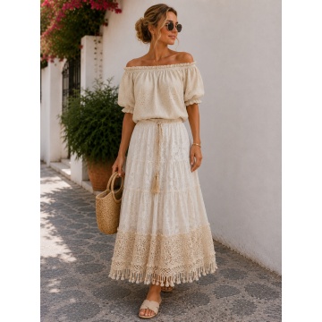 RG3216 B Bluză boho cu umeri goi din bumbac 100% – Broderie florală italiană BEJ - Img 4