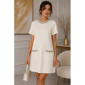 RG5286-1–Rochie Tricotată Ivory cu Detalii Strălucitoare