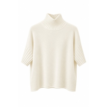 RG5524I–Pulover Ivory Oversize cu Guler Înalt și Mâneci Scurte – Soft Knit - Img 2