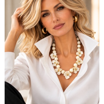 RG583336-I Colier statement cu flori din rășină ivoire și mărgele sidefate – Ivory Bloom