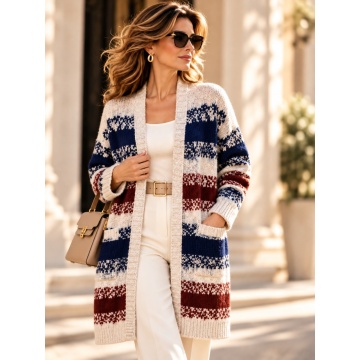 RG6007A–Cardigan lung damă Jacquard Chic – tricot călduros, model geometric, cu buzunare