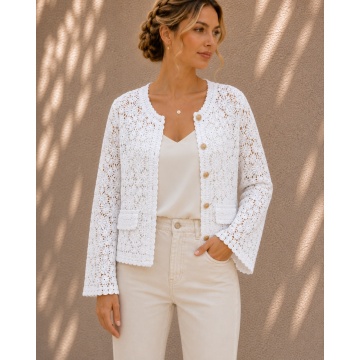 RG6025 – Cardigan alb Scurt Croșetat Ajurat Floral – Bumbac 100%