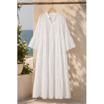 RG6053-2-1 Rochie lungă EU 40–44 (M–L) din Broderie Anglaise (Sangallo) – 100% Bumbac – Albă - Img 2