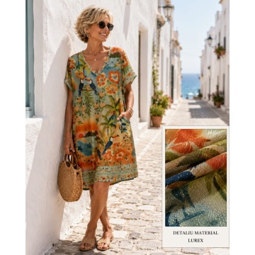 RG650956 Rochie midi din lurex cu imprimeu Riviera Italiană | Fabricată în Italia– Mărime unică EU 46–52 (XL–3XL)