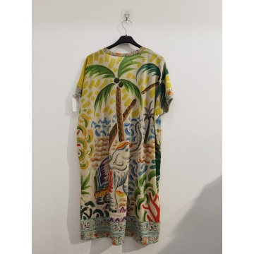 RG650961 Rochie midi din lurex cu imprimeu Paradis Tropical| Fabricată în Italia – Mărime unică potrivită pentru EU 46–52 (XL–3XL) - Img 2