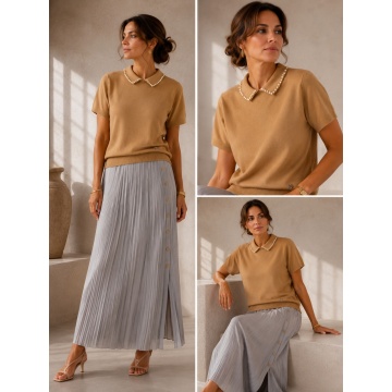 RG7122G Bluză Camel tricotată fin cu guler decorat cu microperle – Eleganță discretă - Img 2