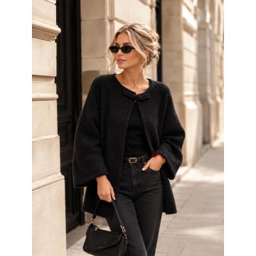 RG9198N–Cardigan Lung Tricotat Soft Wool Negru cu Închidere Shanghai – Parisian Chic (L–2XL)