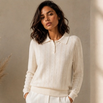 RG9211 C–Pulover Polo Tricotat Openwork Ivory – Soft Elegance (M–L)