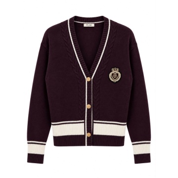 RG98573 Pruna–Cardigan tricotat Royal Crest – stil Preppy Chic, emblemă cu cristale și nasturi aurii EU 36–40 (S–M/L) - Img 2