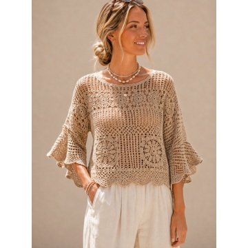 RGA235 –Bluză Boho Crochet Amélie – Bej Nisipiu–Bumbac 100%
