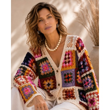 RGEJ007 Cardigan Croșetat Patchwork Multicolor 100% Acrilic (M–4XL)