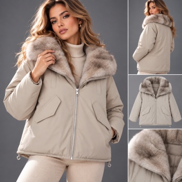 RGHA62001B Jachetă Winter Chic cu Guler Șal din Blană – Relaxed Fit Bej - Img 2