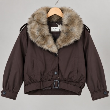 RGHA62003C Jachetă scurtă Urban Chic cu Guler-Șal Detașabil din Blană –Chocolate - Img 4
