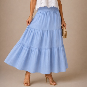 RGL2607 Fustă Maxi Boho Bleu Natural Linen Touch – Vâscoză & In