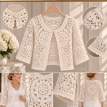 RGL72–Bolero croșetat din bumbac 100% cu nasture perlă – Elegance (S–M)  - Img 3