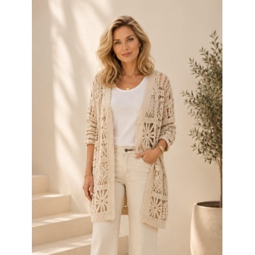 RGR6962 Cardigan Croșetat Bej Natural 100% Bumbac (M–4XL) - Img 6