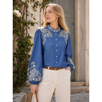 RGRA70–Bluză din Bumbac 100% cu Broderie Florală și Mâneci Bufante – Denim Elegance
