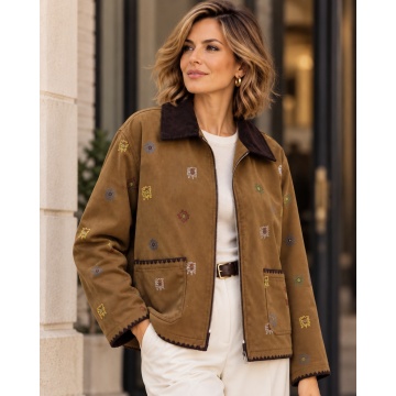RGWH55518–Jachetă Soft Suede Embroidery – Vâscoză, broderii & guler contrast