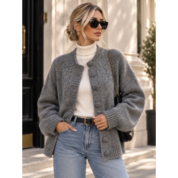RGWL-080100G–Cardigan gri Pufos cu Lână și Nasturi Îmbrăcați – Soft Elegance L–3XL (42–46)