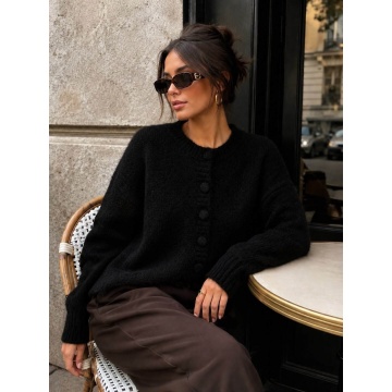 RGWL-080100N–Cardigan Negru Pufos cu Lână și Nasturi Îmbrăcați – Soft Elegance L–3XL (42–46) - Img 3