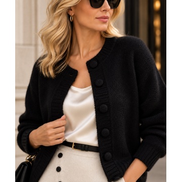 RGWL-080100N–Cardigan Negru Pufos cu Lână și Nasturi Îmbrăcați – Soft Elegance L–3XL (42–46)