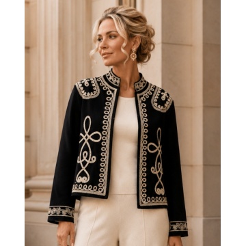 RGYZ101 N–Jachetă Neagră cu Broderie Contrastantă – Military Chic