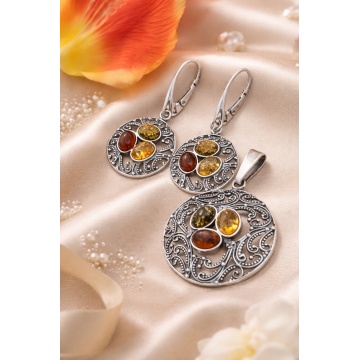 Set argint 925 „Amber Royal” – Pandantiv & Cercei cu chihlimbar multicolor