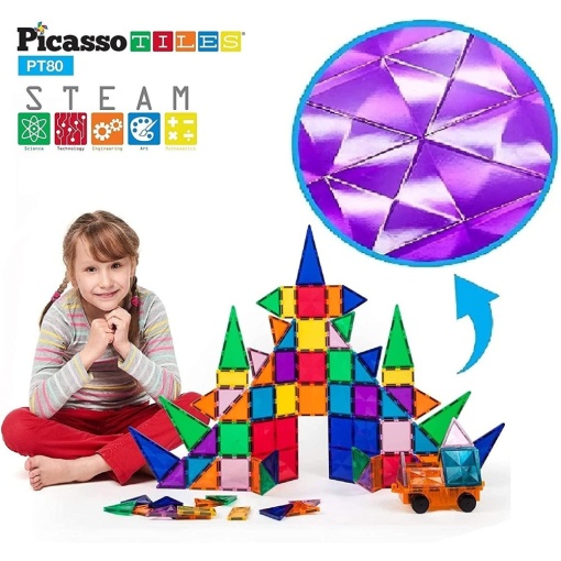 Set PicassoTiles 80 piese magnetice de construcție cu efect de diamant, cu mașinuță