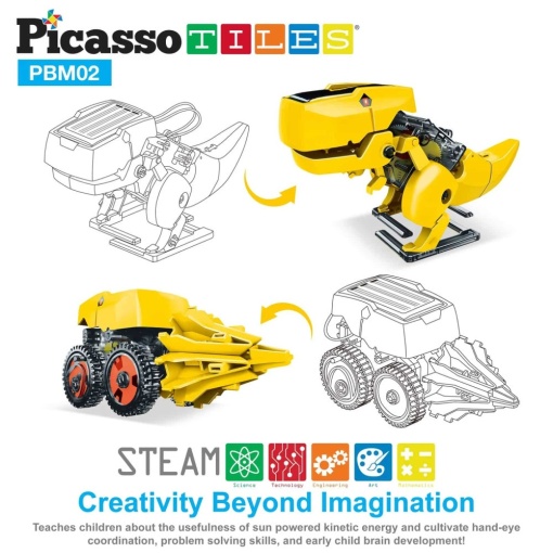 Set PicassoTiles - Kit STEM solar educativ 3-în-1 dinozaur robot