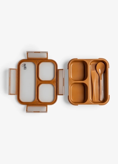 Caserola cu tacamuri bento din Tritan cu 3 compartimente – Caramel
