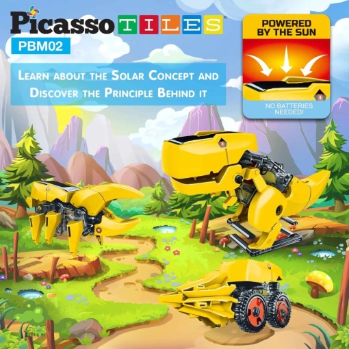 Set PicassoTiles - Kit STEM solar educativ 3-în-1 dinozaur robot