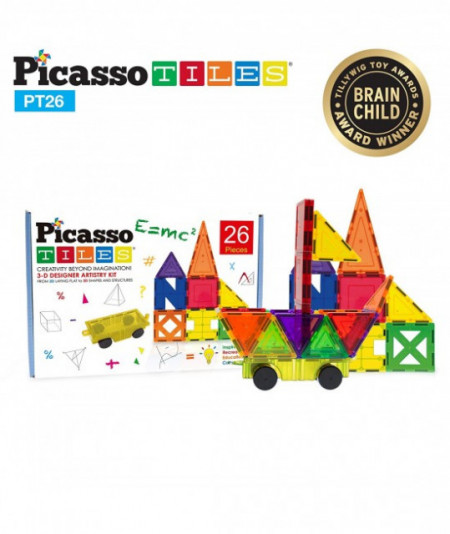 Set PicassoTiles Inspirațional - 26 piese magnetice de construcție colorate - 9 forme diferite