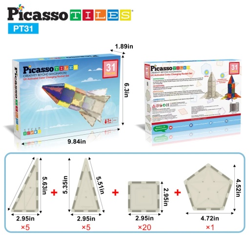 Set PicassoTiles 31 piese magnetice de construcție în culori schimbătoare activate UV