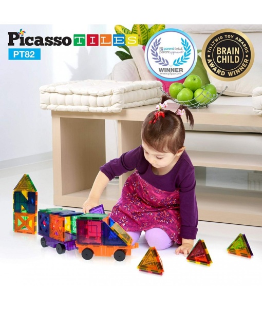Set PicassoTiles Creativitate - 82 Piese Magnetice De Construcție Colorate - 10 Forme Diferite