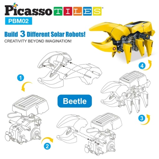 Set PicassoTiles - Kit STEM solar educativ 3-în-1 dinozaur robot
