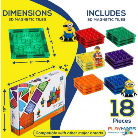 Set Playmags 18 piese magnetice de construcție cu forme mari pentru cărămizi de construit gen Lego