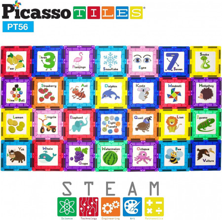 Set magnetic PicassoTiles 56 Piese De Construcție (Magnetice Și Accesorii Clip-On Educative)