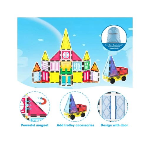 Set PicassoTiles 101 piese de construcție (magnetice, ferestre, accesorii, bază de mașinuță, sac de transport)