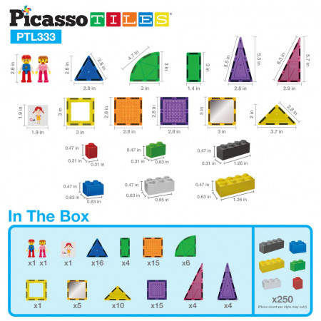 Set PicassoTiles 333 bucăți: piese magnetice, cărămizi de construcție, figurine magnetice și alte piese extra