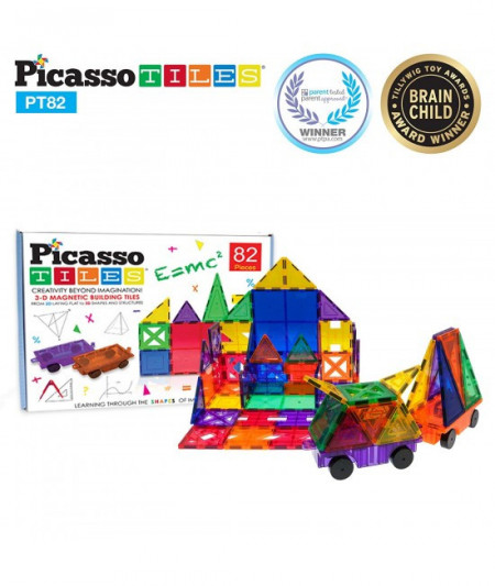Set PicassoTiles Creativitate - 82 Piese Magnetice De Construcție Colorate - 10 Forme Diferite