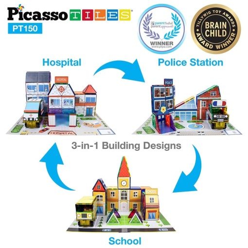 Set PicassoTiles Master Builder 300 piese de construcție (magnetice și accesorii) 3-în-1
