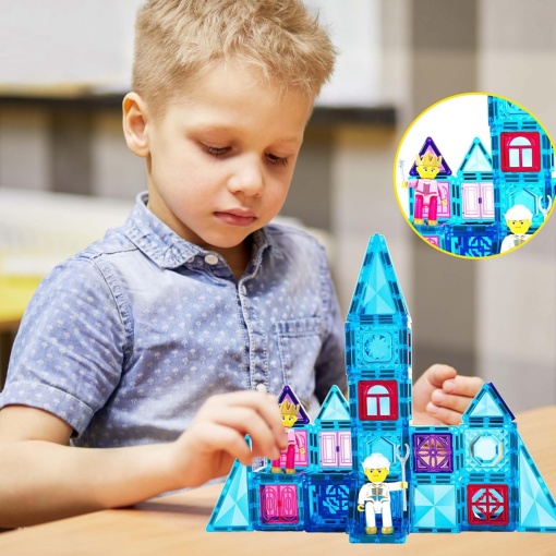 Set PicassoTiles Winter Ice, 71 piese magnetice de construcție mini cu efect de diamant, cu două figurine