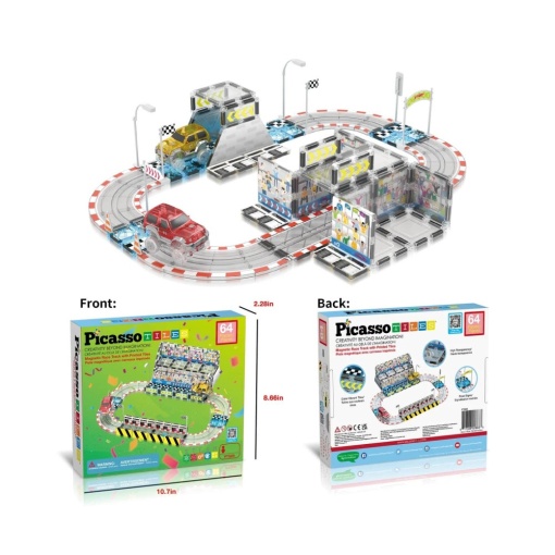 Set PicassoTiles Autodrom Pistă de curse - 64 piese magnetice de construcție - conține 2 mașini cu LED-uri