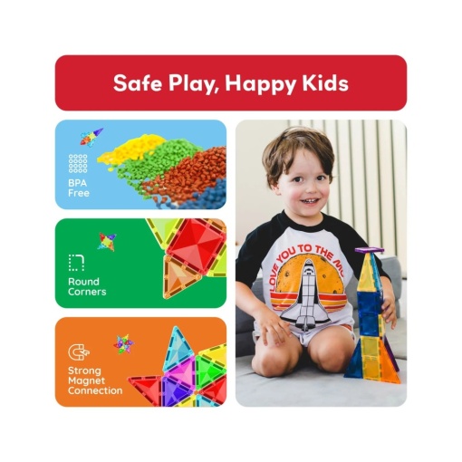 Set PicassoTiles 80 piese magnetice de construcție cu efect de diamant, cu mașinuță
