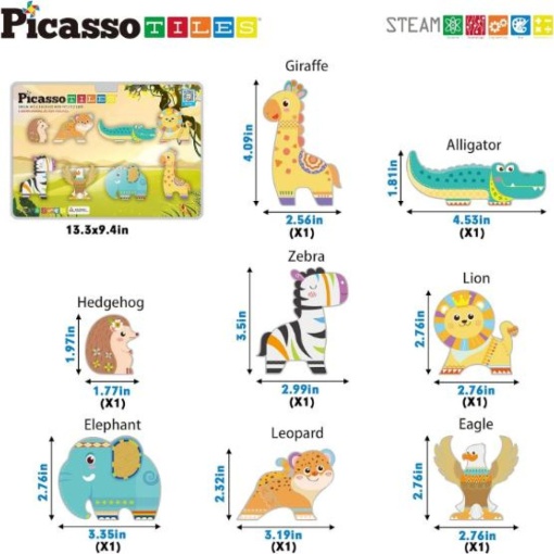 Set PicassoTiles 8 accesorii magnetice, animale din safari, compatibile cu piesele magnetice de construcție