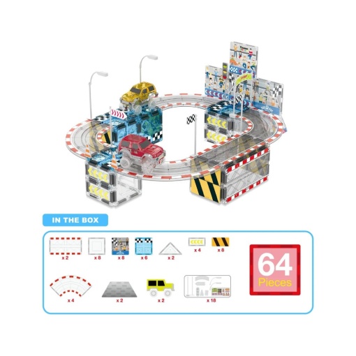 Set PicassoTiles Autodrom Pistă de curse - 64 piese magnetice de construcție - conține 2 mașini cu LED-uri