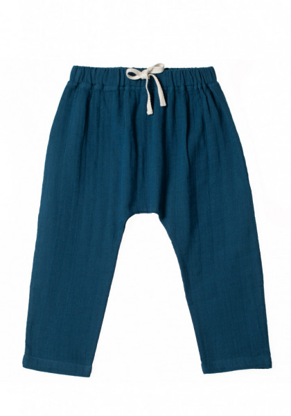 Pantaloni baggy din muselină Organic by Feldman - Play of Colors Petrol-Blue